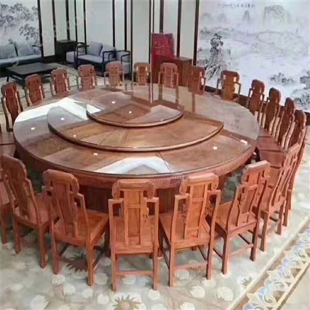 花梨圆桌红木餐桌 电动转盘实木酒店家用大型餐桌椅组合