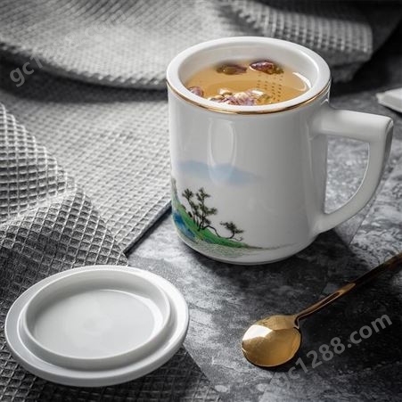 合燊陶瓷办公过滤杯创意礼品茶杯 千里江山图带茶漏过滤白瓷杯子